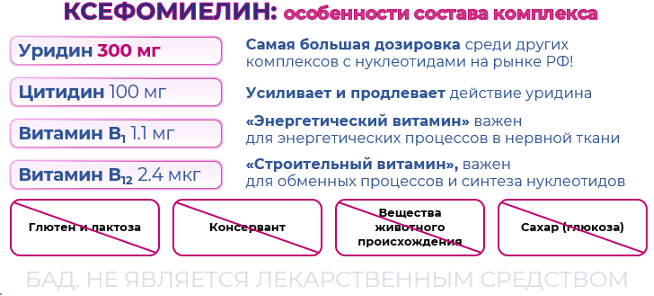 Рисунок 3. Состав и особенности компонентов БАД Ксефомиелин11,12