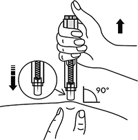 После окончания инъекции извлечь автоинжектор, игла автоматически закроется защитным цилиндром.